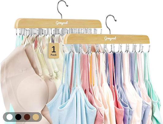 Gomyrod Bra Hanger for Closet, Tank Top Hanger w/20 Hooks Capacity Foldable Wood Space Saving Hangers, 360°Rotating Closet Organizers and Storage for Dorm & Apartment for Bra Scarf Ties(1 Pack)