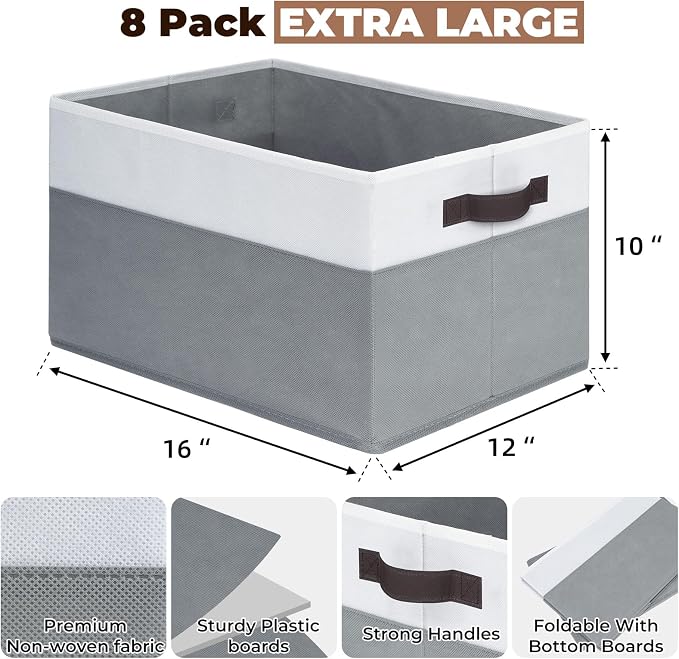 Criusia 8 Pack Closet Organizers and Storage Bins - Extra Large Storage Baskets for Organizing - Clothes Storage Bins for Shelves -Foldable Organizer Bins Totes for Toy Blanket, Dorm Room Essentials