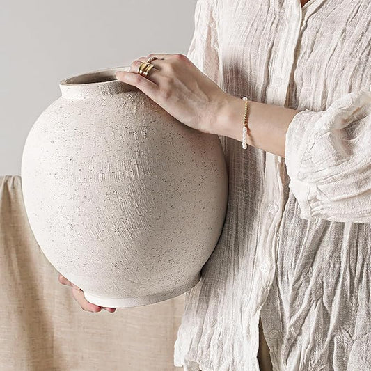 White Ceramic Vase - Large 10.8 Inch Round Floor Vase for Centerpieces, Farmhouse Flower Vases, Rustic Minimalist Home Decor (Sandstone White)