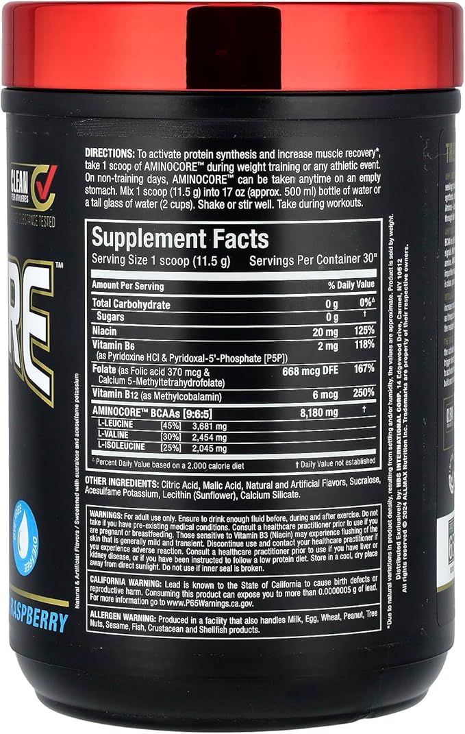 ALLMAX Nutrition AMINOCORE BCAA ??8G BCAAs ??100% Pure Branch Chained Amino Acids ??Gluten Free - Blue Raspberry - 315 Gram