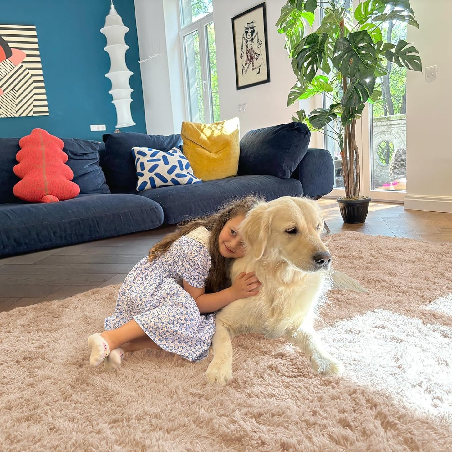 OLANLY Large Area Rug - Soft Fluffy Shaggy Carpet for Living Room & Bedroom | 7x7 ft, Beige