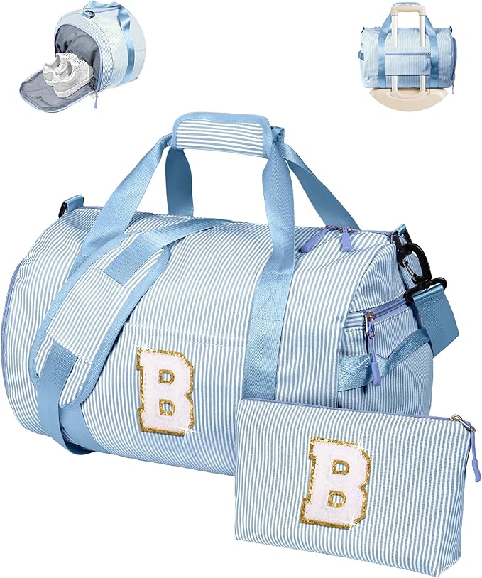 Birthday Gifts for 6 7 8 9 10 11 12 Year Old Girls,Girl Gym Bag, Kids Initial Overnight Duffel Bags with Shoe Compartment, Personalized Travel Bag with Makeup Pouch, Party Favors(Letter B)