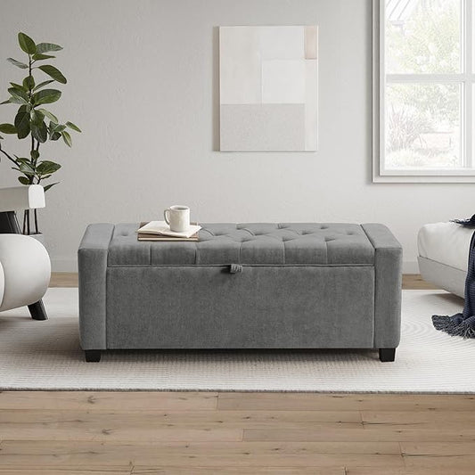 GRAINELL Storage Ottoman Bench, Upholstered Tufted Bedroom Bench with Storage, End of Bed Storage Bench for Living Room & Entryway, 350 lb Capacity, Linen Light Gray