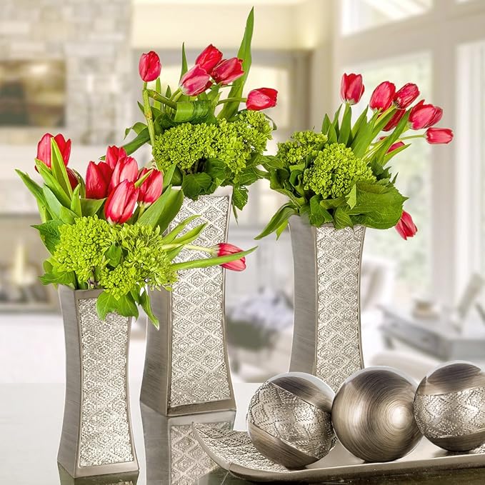 Creative Scents Dublin Silver Decorative Tray and Orbs Balls Set - Centerpiece Bowl with Balls for Dining room Table, Rustic Coffee Table Decor for Living Room Decor, Gift Boxed