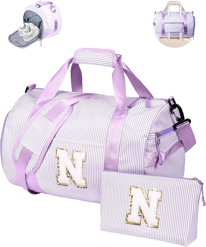Gifts for 3 4 5 6 7 8 Years Old Girls, Girl Gym Bag, Kids Initial Overnight Duffel Bags with Shoe Compartment, Personalized Dance Bag with Makeup Pouch, Gift Ideas for Preteen (Letter N)