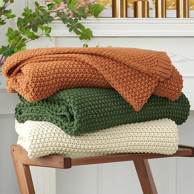 Longhui bedding Chunky Cable Knit Throw Blanket Lightweight Cream 100% Organic Cotton Blanket for Sofa Couch Bed Baby Nursery, Rustic Shabby Chic Modern Farmhouse, 60” x 80” Give Laundering Bag