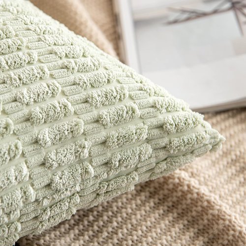 MIULEE Decorative Throw Pillow Covers - Soft Boho Striped Corduroy | 16x16 Inch, Light Green, Pack of 2