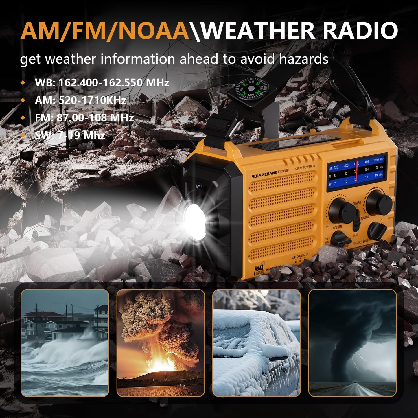 Emergency Weather Radio, 5 Ways Powered Crank Solar Radio, Portable AM/FM/SW/NOAA Weather Radio Battery Operated with Cellphone Charger, Camping Flashlight, Reading Lamp, SOS Alarm for Home Outdoor