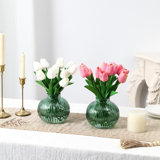 Round Glass Vases, Set of 2 Small Vases for Flowers, Green Glass Vase for Tulips, Modern Vase for Living Room, Office, Coffee Table, Shelf, Wedding, 5 Inches