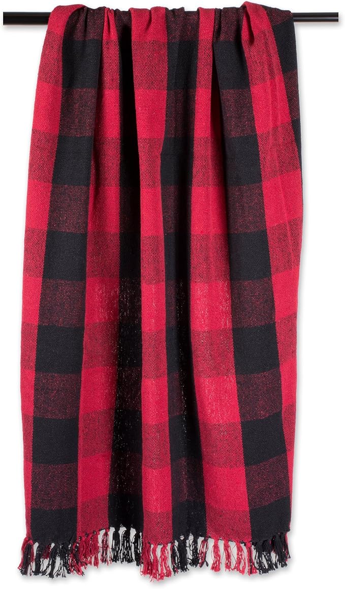 DII Buffalo Check Collection Rustic Farmhouse Throw Blanket with Tassles, 50x60, Tango Red/Black (Pack of 2)