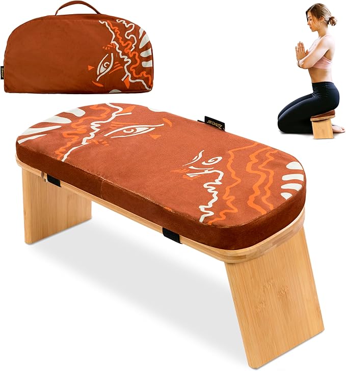 Bamboo Meditation Bench with Cushion - Foldable Bench for Multiple Seating Angles - Kneeling Chair Meditation Stool - Yoga Chair Prayer Bench for Deeper and Longer Meditation - Brown
