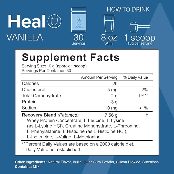 The Amino CO. - Heal - Post Workout Recovery Drink with Pure Eaa Amino Acid Formula -Creatine Monohydrate Powder for Efficient Muscle Repair, Vegan, and Keto-Friendly with Vanilla Flavor - 10.58oz.