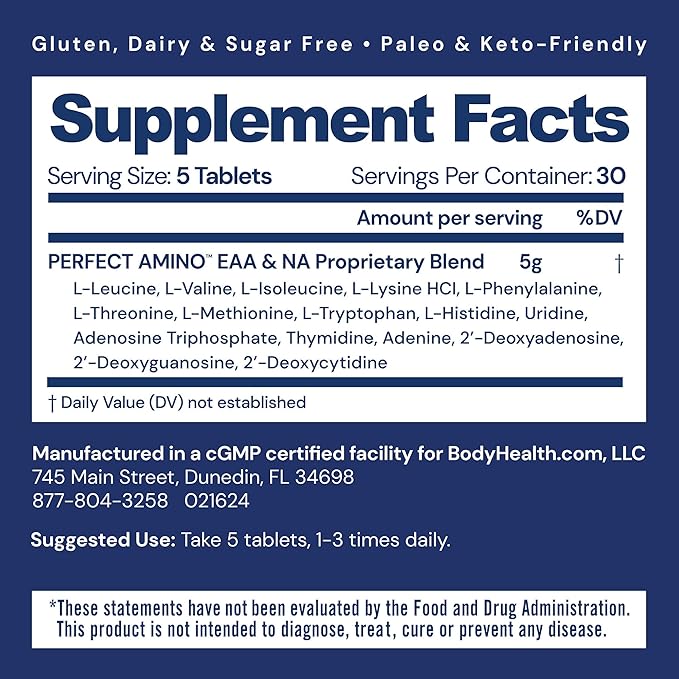 BodyHealth PerfectAmino Tablets, (3-Pack) Essential Amino Acid with BCAAs + Lysine, Phenylalanine, Threonine, Methionine, Tryptophan, Supplement for Muscle Mass Production, Recovery & Strength