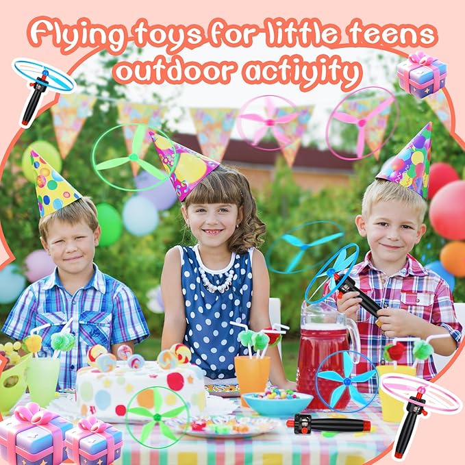 24 Pcs Flying Saucer Flying Disc Toy Helicopter Toy Disco Flyers Include 8 String Launchers and 16 Flying Saucer Flying Disc Launcher Flying Toys Little Teens Outdoor Activity Birthday Favors