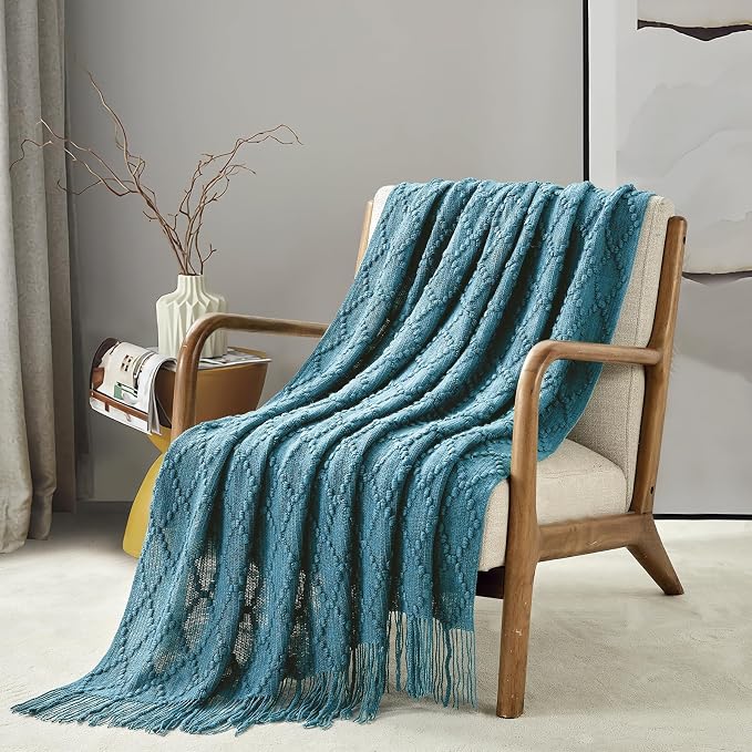 BOURINA Teal Throw Blanket 50 x70 Inches Jacquard Argyle Throw Textured Solid Soft Throws and Blankets for Sofa or Bed Knitted Decorative Blanket