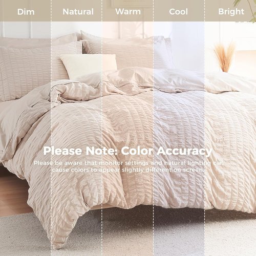HYMOKEGE King Comforter Set - Luxury 7-Piece Beige Seersucker Bedding Set for All Seasons | Includes Comforter, Sheets, Pillowcases & Shams