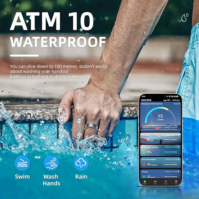 Smart Ring for Women Men, Health Fitness Tracker, 10ATM Waterproof Ring for iOS and Android, No Subscription Fee (Black, 8)