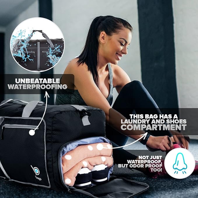 Bago Foldable Duffel Bags for Traveling Women & Men - 60L Medium Packable Duffle Bag for Travel with Shoe Compartment - Water Repellant, Heavy Duty, Lightweight Folding & Collapsible (Black)