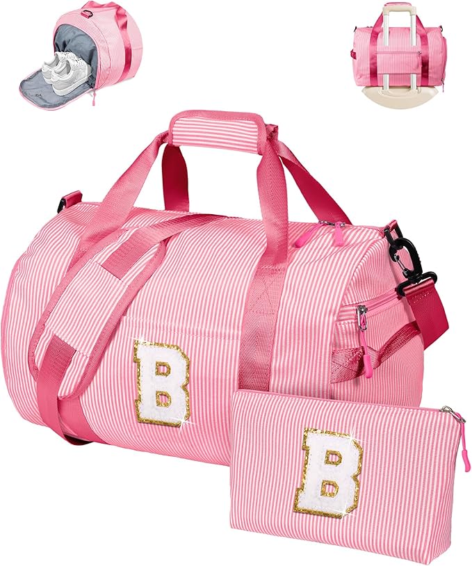 Birthday Gifts for Daughter, Girl Gym Bag, Kids Initial Overnight Duffel Bags with Shoe Compartment, Personalized Travel Bag with Makeup Pouch, Cool Stuff for Preteen (Letter B)