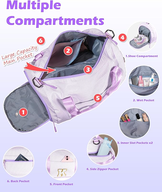 Daughter Gift from Mom, Girl Gym Bag, Kids Initial Overnight Duffel Bags with Shoe Compartment, Personalized Dance Bag with Makeup Pouch, Gifts for Sister Niece Granddaughter (Letter I)