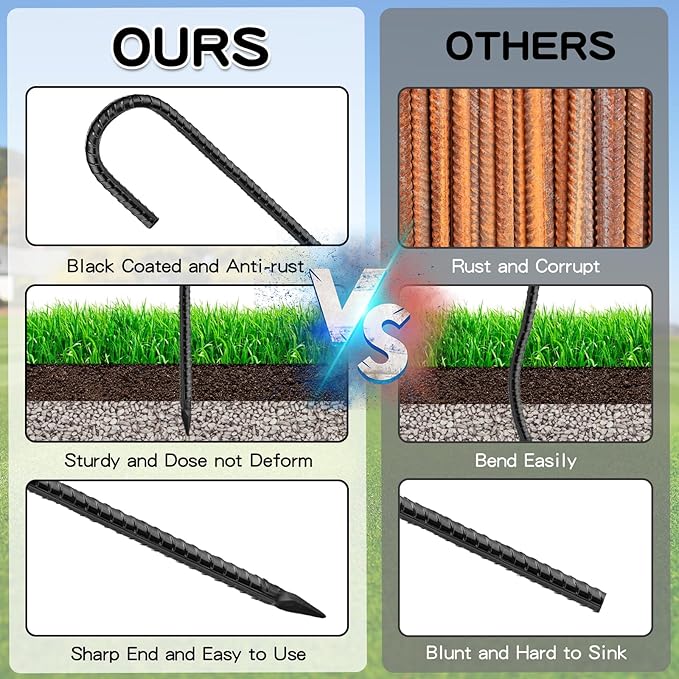 Black Rebar Stakes 16inx10mm Galvanized J Hook 6pcs – Heavy Duty Ground Tent Stakes for Fence,Bounce House,Outdoor Plants,Artificial Turf,Dog Coop,Metal Stakes for Christmas Decorations