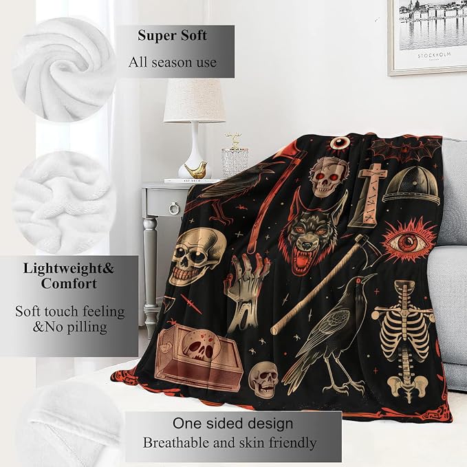Vintage Gothic Horror Blanket,Creepy Goth Skeleton Skulls Bats Fun Throw Blankets,Gifts for Women Men, Lightweight Soft Fleece Cozy,for Couch Bed Room,Festival Halloween Decor,60x80in