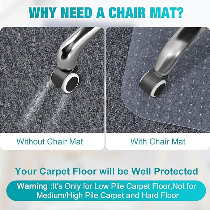 BesWin Office Chair Mat for Carpeted Floors, 46'' x 96'' Large Desk Chair Mat for Low Carpets, Premium Quality Hard Carpet Protector for Work, Home, Gaming, Easy Glide and Flat Without Curling