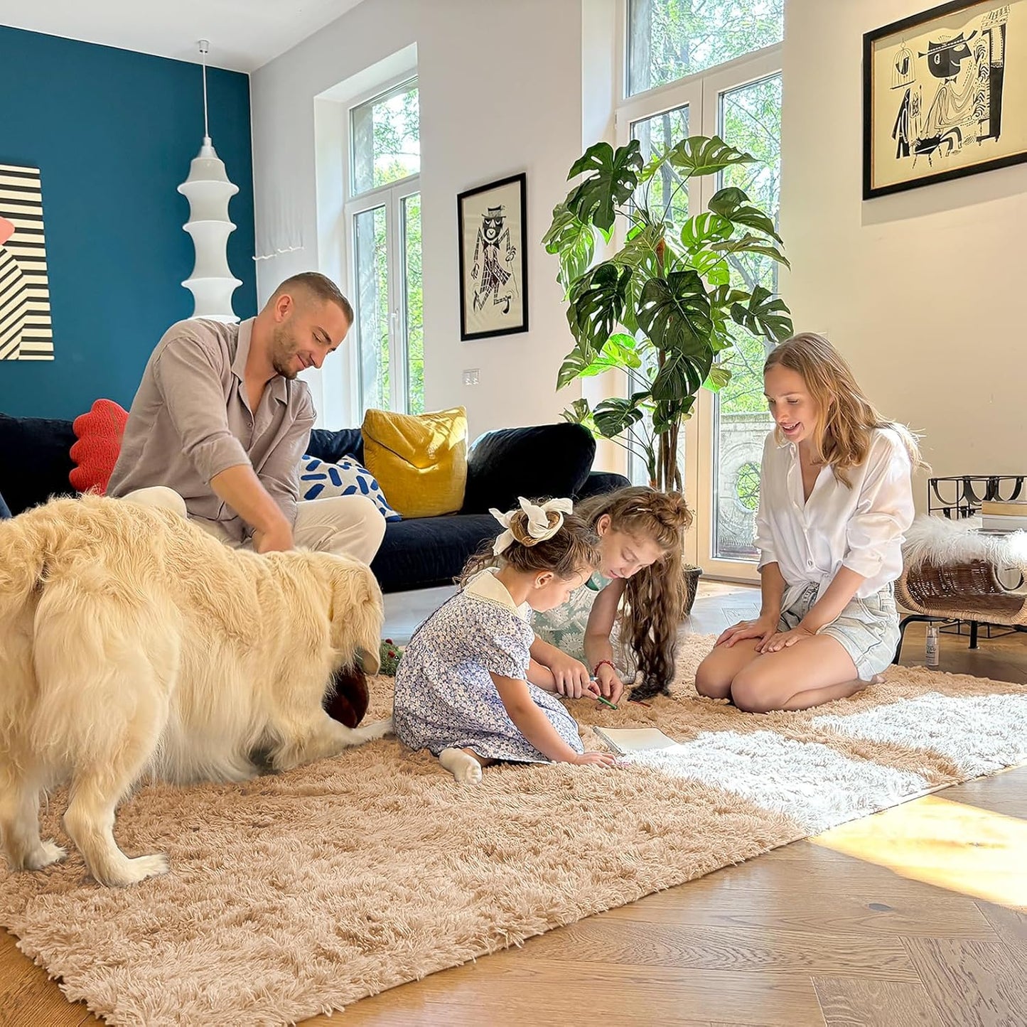 OLANLY Soft Fluffy Shaggy Bedside Rug - Machine Washable 3x3 ft Entryway Carpet | Beige Decor for Kids' Rooms