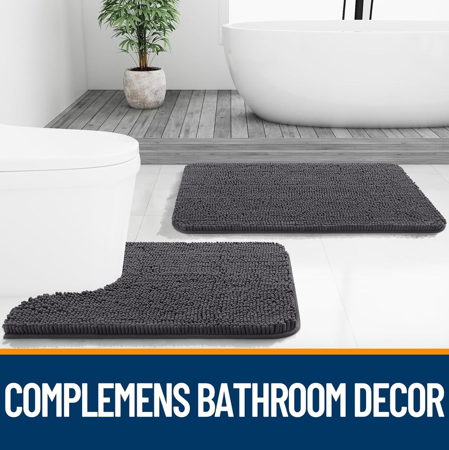 OLANLY Bathroom Runner Rugs - Soft Absorbent Chenille Bath Mat with Rubber Backing | 59x24, Dark Grey