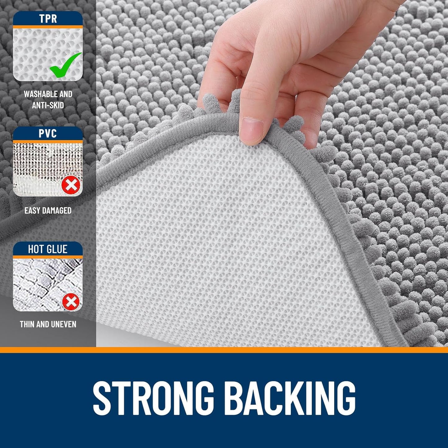 OLANLY Chenille Bath Rug Set - U-Shaped Toilet Rug & Bathroom Mats | Grey, 3-Piece Bundle (30x20, 24x20)