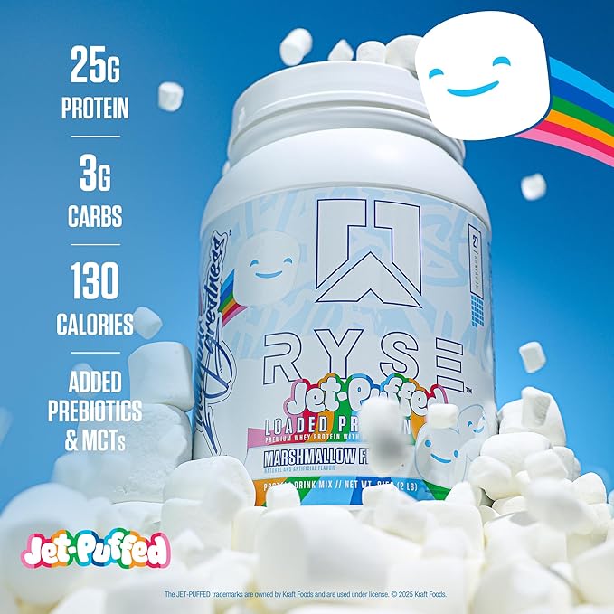 RYSE Loaded Protein Powder - Jet-Puffed Marshmallow - 25g Whey Protein Isolate & Concentrate with Prebiotic Fiber & MCTs - Low Carb, Low Sugar, Digestive-Friendly - 27 Servings / 2 lb Tub
