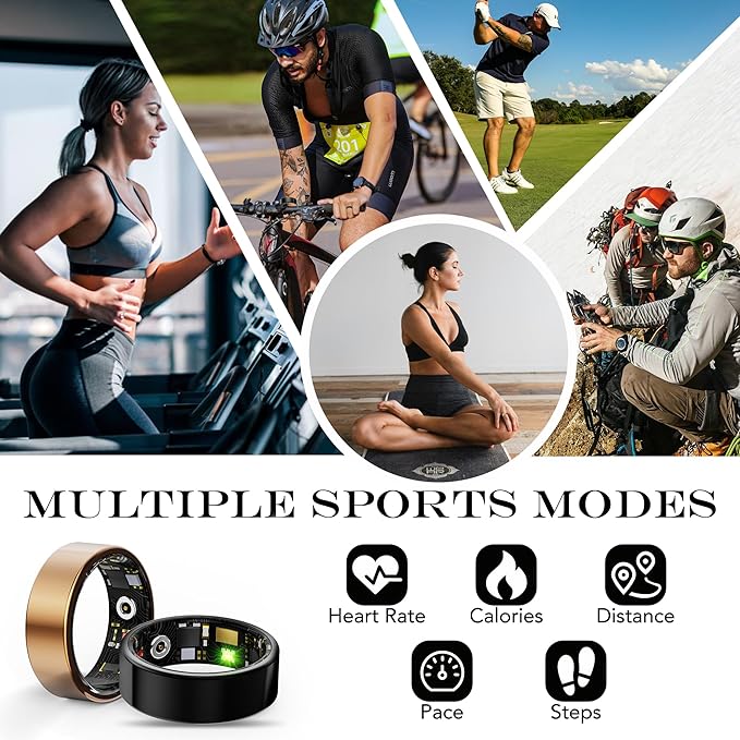 Smart Health Ring for Women Men Fitness Tracker with Heart Rate, Blood Oxygen, Blood Pressure, Sleep Monitoring, Step Counting, IP68 Waterproof for iPhone and Android, No APP Fee, Gold 13#