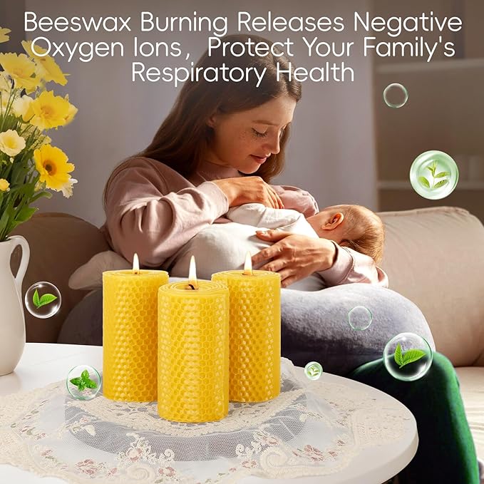 3 Pack Natural Beeswax Pillar Candles,Handmade Pure Beeswax Rolled Candle-60 Hours Long Burning,Honeycomb Bees Wax Candles for Home, Prayer,Dripless Smokeless Unscented Pillar Candle 2x4in