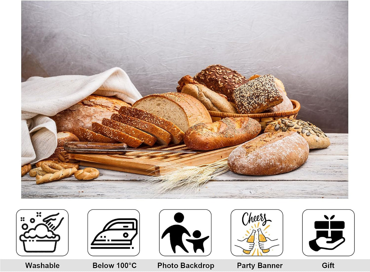 KeyWork 8x5ft Artisan Bread Assortment Backdrop Fresh Bakery Photography Background for Party Food Themed Gathering