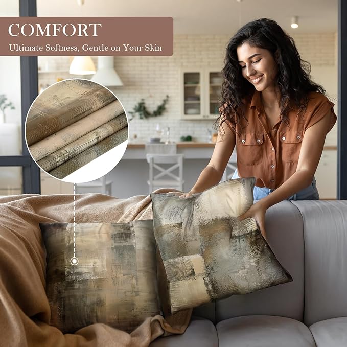 Brown Tan and Gray Set of 4 18 x 18 Inch Throw Pillow Covers,Taupe Modern Art Abstract Painting Home Decor Couch Pillow Covers Neutral Decorative for Sofa Bedroom Living Room