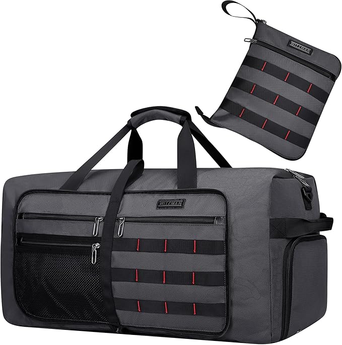 WITZMAN Foldable Duffle Bag for Travel 65L Lightweight Packable Duffel Bag with Shoes Compartment Overnight Bag for Men Women (B697 Silvery Grey)