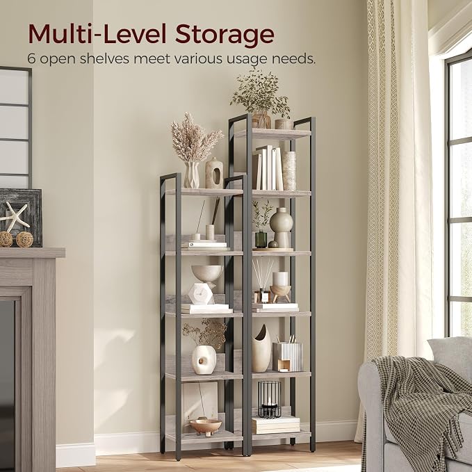 MAHANCRIS Bookshelf, 6-Tier Bookcase, Standing Book Shelf for Small Space, Storage Shelf Organizer, for Living Room, Bedroom, Study, Balcony, Greige and Black BKHG6601