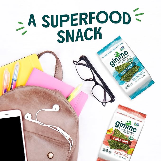 Gimme Seaweed Organic Premium Roasted Seaweed Snacks, Chili Lime, 20 Count, Keto, Vegan, Gluten-Free, Great Source of Omega3s and Iodine, Healthy On-The-Go Snack for Kids and Adults