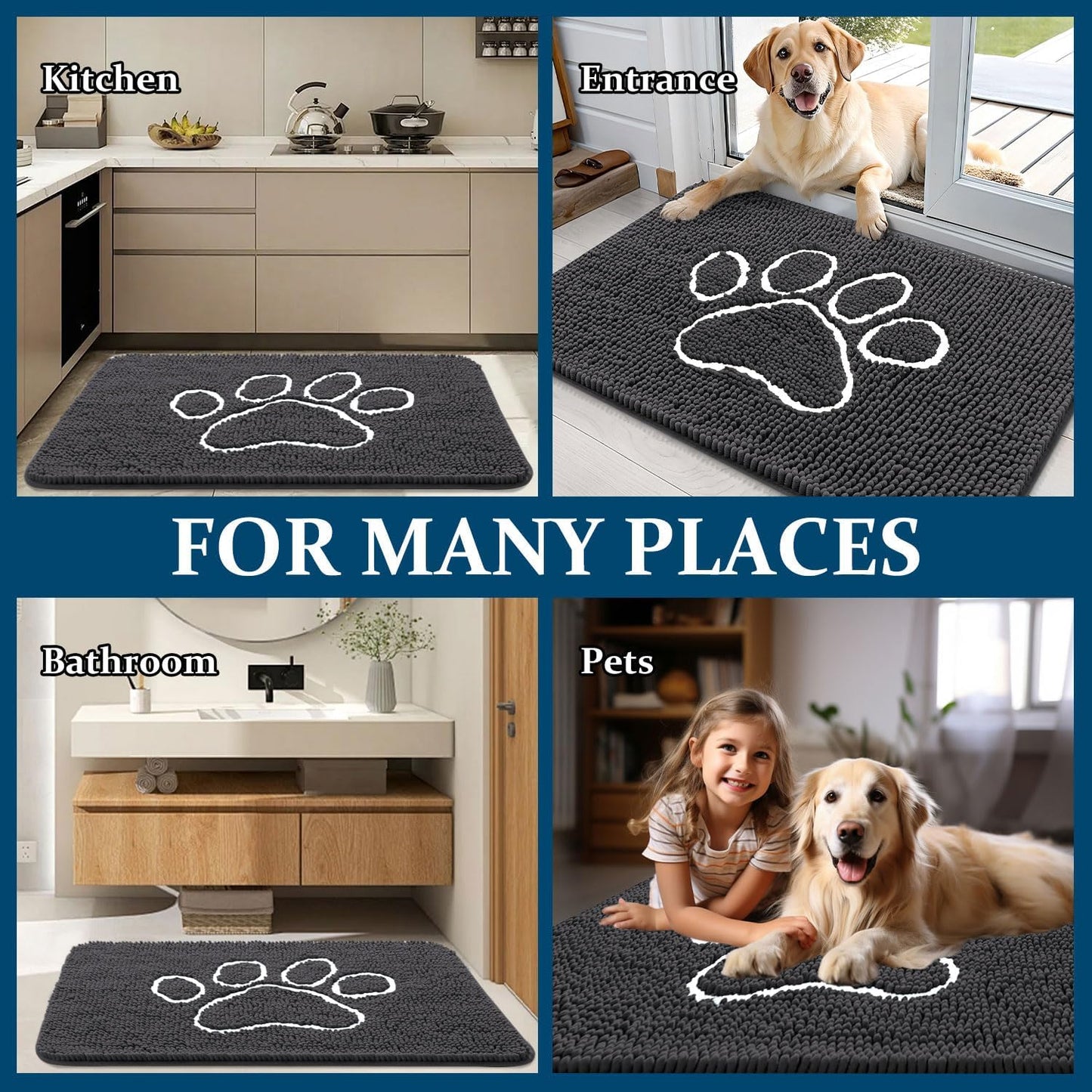 OLANLY Dog Door Mat - Absorbent Non-Slip Mud Mat for Paws | Quick Dry Chenille, 59x32, Dark Grey