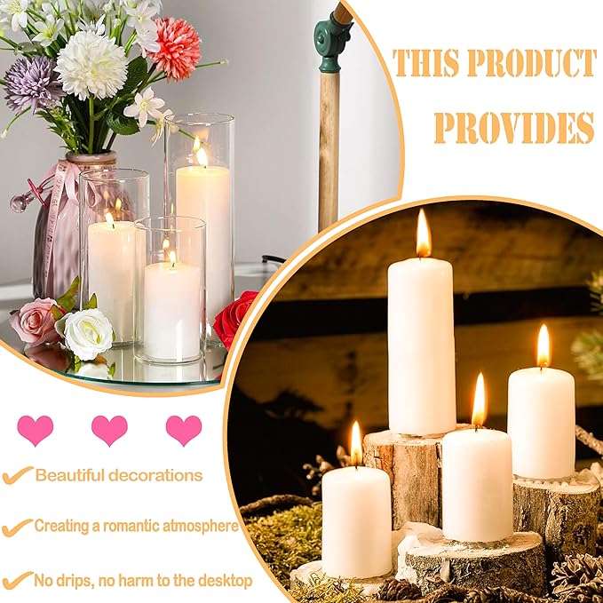 18 Pcs Ivory Pillar Candles Bulk Set，Hurricane Candlesï¼? Different Lengths (6 Each)，Dripless Unscented Smokeless，Gives You a Better Atmosphere When Organizing Wedding or Event Party.