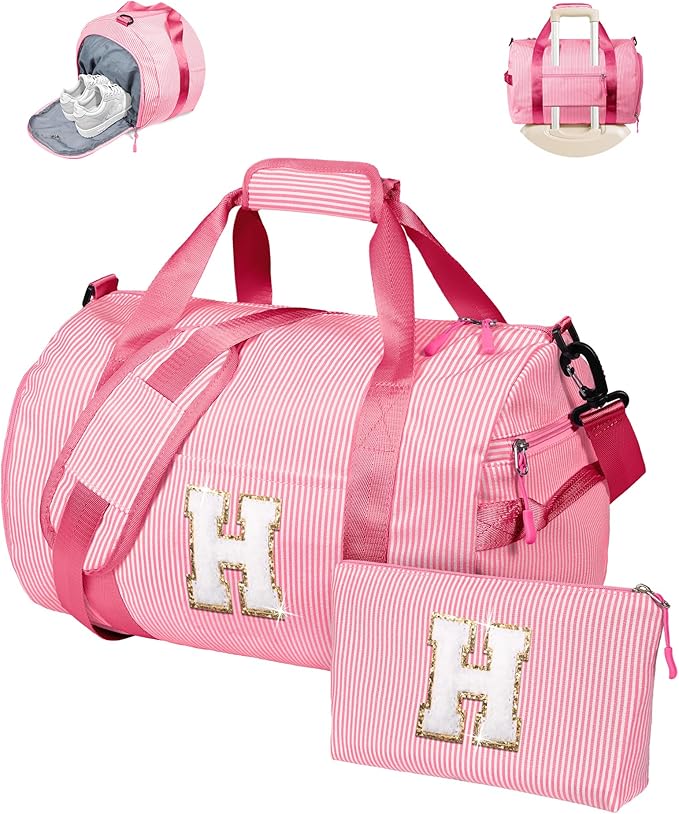 Gifts for Teenage Girls, Girl Gym Bag, Kids Initial Overnight Duffel Bags with Shoe Compartment, Personalized Travel Bag with Makeup Pouch, Cheer Gift for Daughter Sister Niece (Letter H)