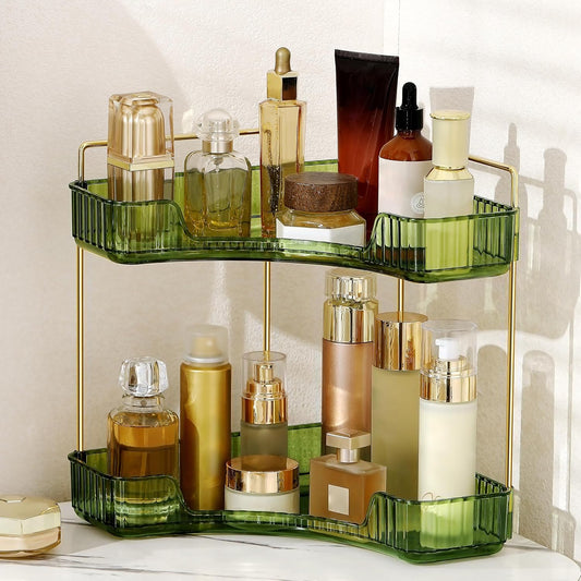 Skiennix Corner Bathroom Counter Organizer - 2-Tier Makeup & Perfume Shelf in Green