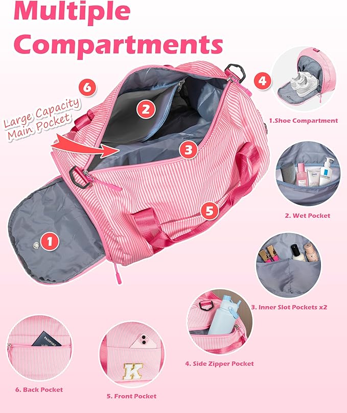 Cheer Up Gifts for Daughter, Girl Gym Bag, Kids Initial Overnight Duffel Bags with Shoe Compartment, Personalized Travel Bag with Makeup Pouch, Preppy Things for Teen Girls (Letter M)