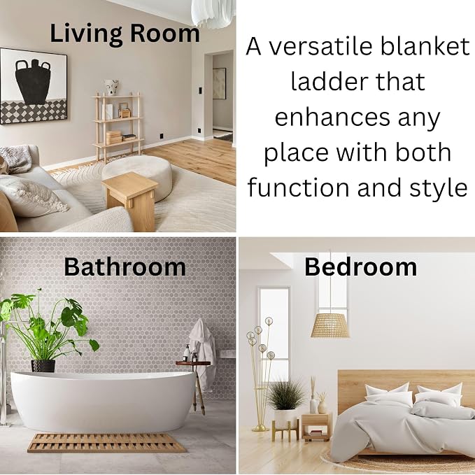 Solid Pine Wood Blanket Ladder for Living Room Bathroom Organizer Shelves, 7-Tier 5-Tier Freestanding Shelf, Freestanding Towel Rack Extra Storage, Wall-Leaning (Oak, Medium)