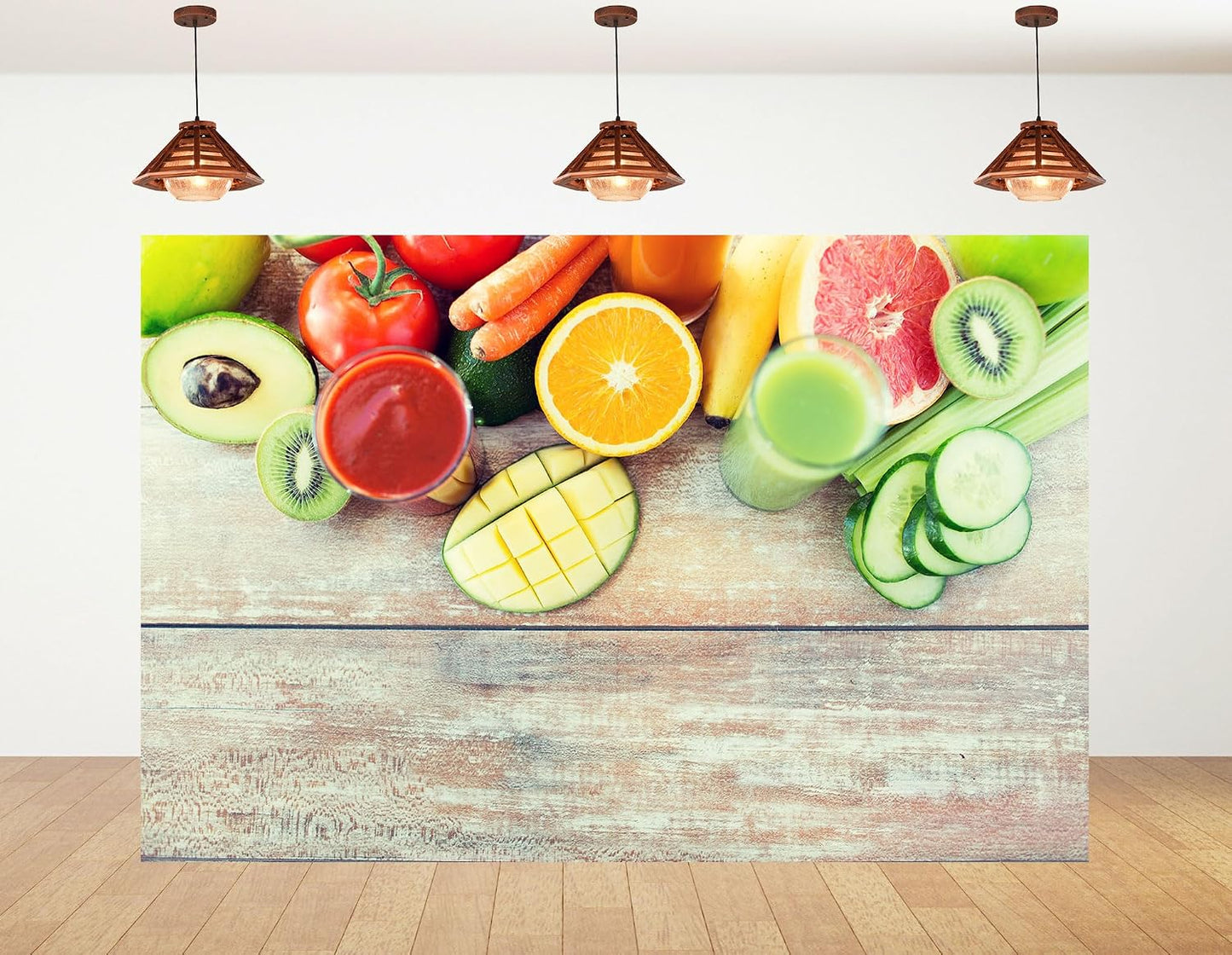 KeyWork 9x9ft Fresh Fruit Smoothie Backdrop Colorful Produce Wooden Table Photography Background for Healthy Themed