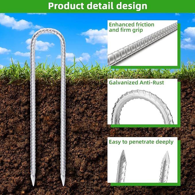 Trampoline Stakes Anchors High Wind 12inx6mm Galvanized U Hook 20pcs Rebar Stakes – Heavy Duty Ground Anchors for Trampoline,Yard & Inflatable,Landscape Metal Stakes for Outdoor Decorations