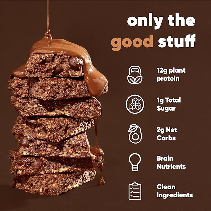 IQBAR Brain and Body Plant Protein Bars - Chocolate Sea Salt - 12-Count Low Carb - Gluten Free, High Fiber, Vegan Snacks - Low Sugar Meal Replacement