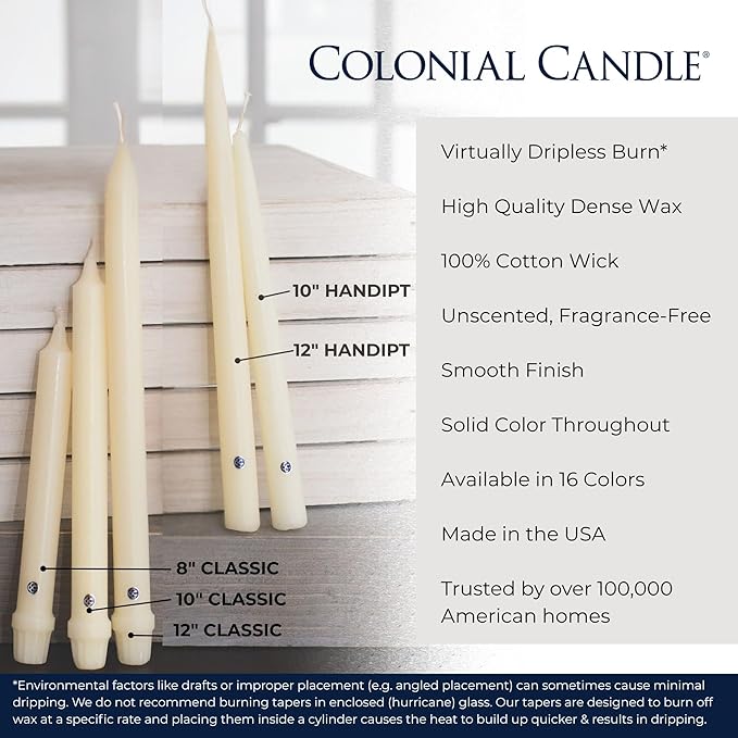 Colonial Candle Unscented Taper Candle, Classic Collection, Caramel, 10 in, Pack of 12 - Up to 8 Hours Burn