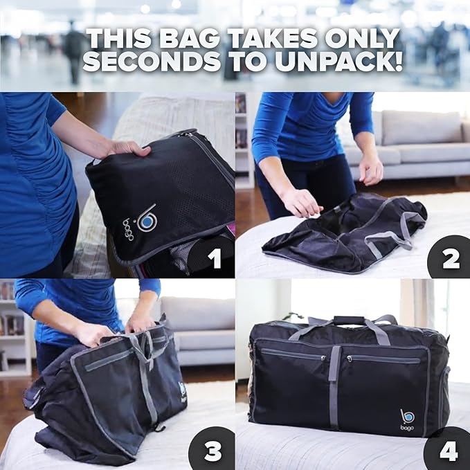 Bago Big XXL Foldable Duffel Bags for Traveling Women & Men - 140L Packable Duffle Bag for Travel with Shoe Compartment - Water Repellant, Heavy Duty, Lightweight Folding & Collapsible (Blue)