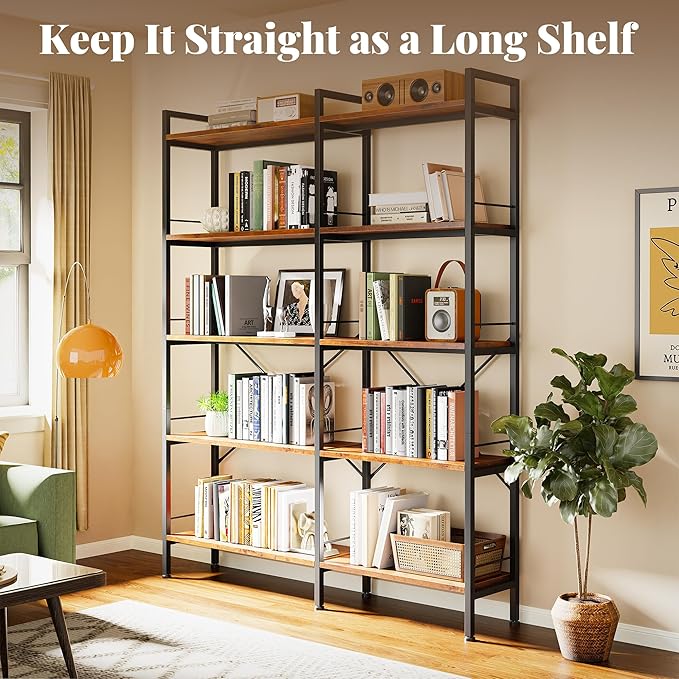 Huuger 5 Tier Bookshelf, L Shaped Corner Bookshelf with 10 Open Shelves, 49.4 Inch Straight Wide Bookcase with Metal Frame and Wooden Board, Adjustable Feet, Rustic Brown